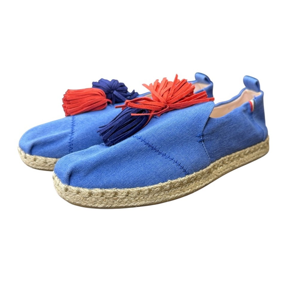 👡 TOMS x Clare V. Denim Espadrille Flats Tassel Slip-Ons Women’s 7‎ 💙❤️